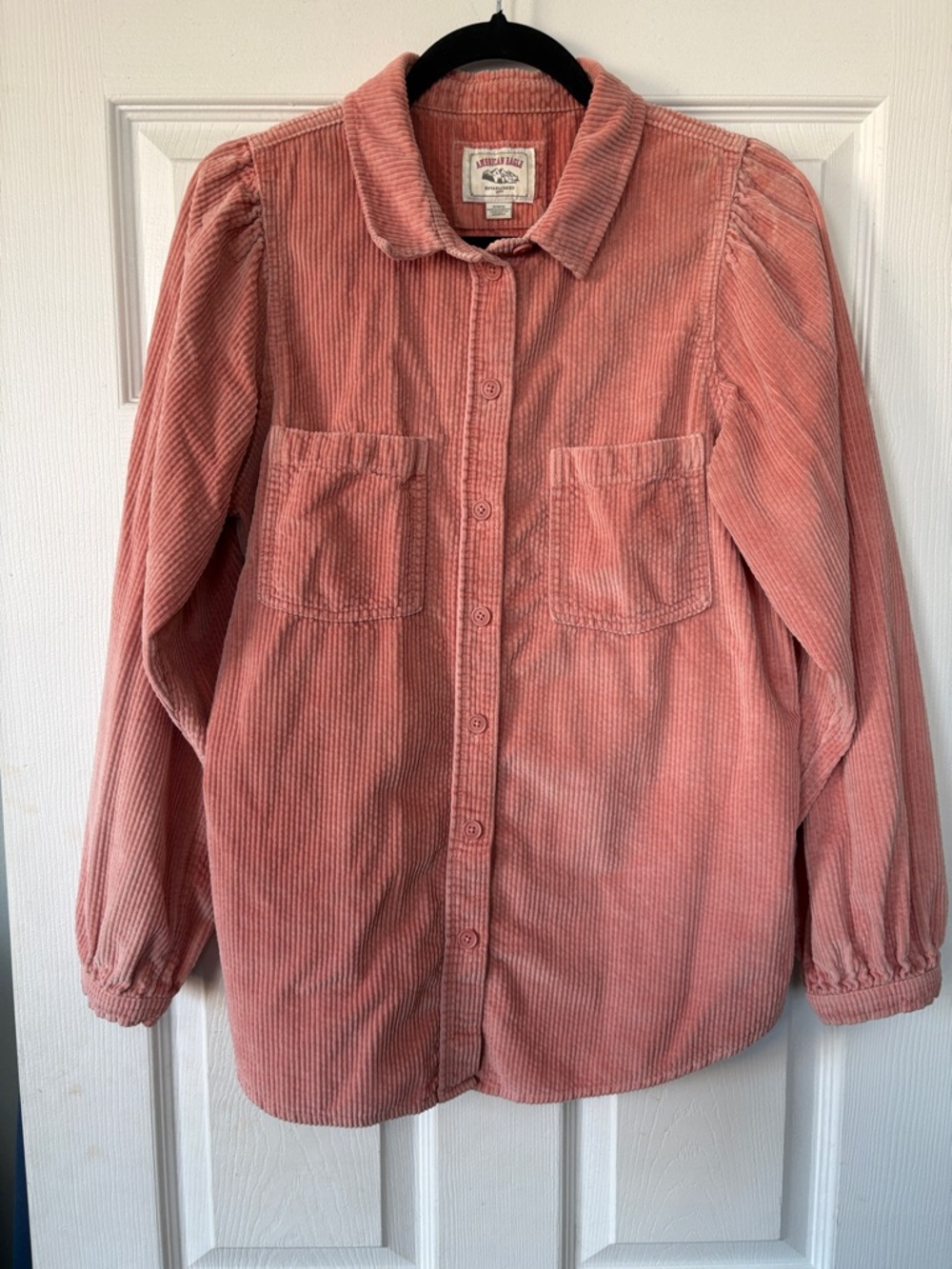 Vintage American Eagle Pink Corduroy Button-Up Shirt with Balloon Sleeves Size M